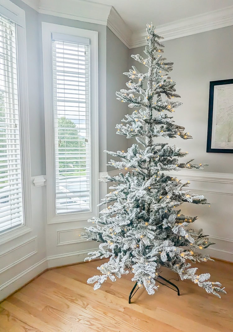 Noble Fir Flock Christmas tree straight out the box.