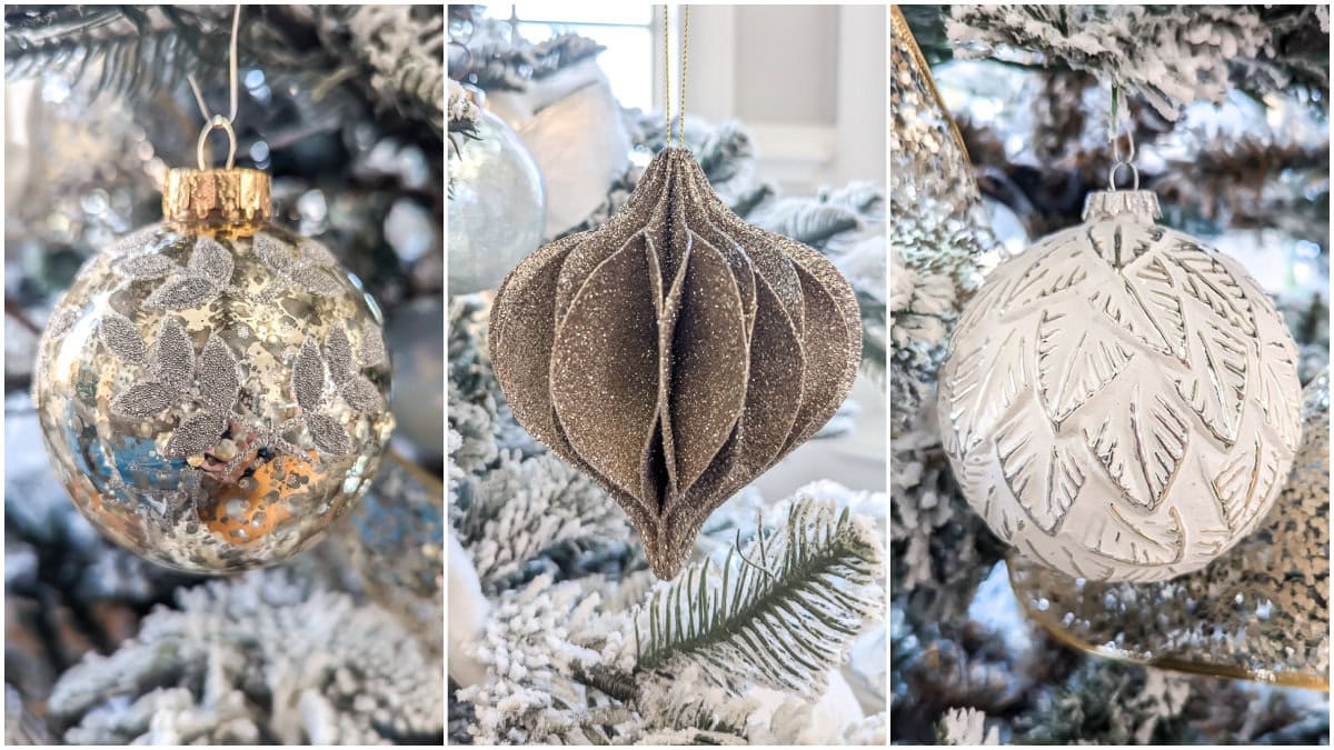 silver ornament, gold ornament, white ornament.