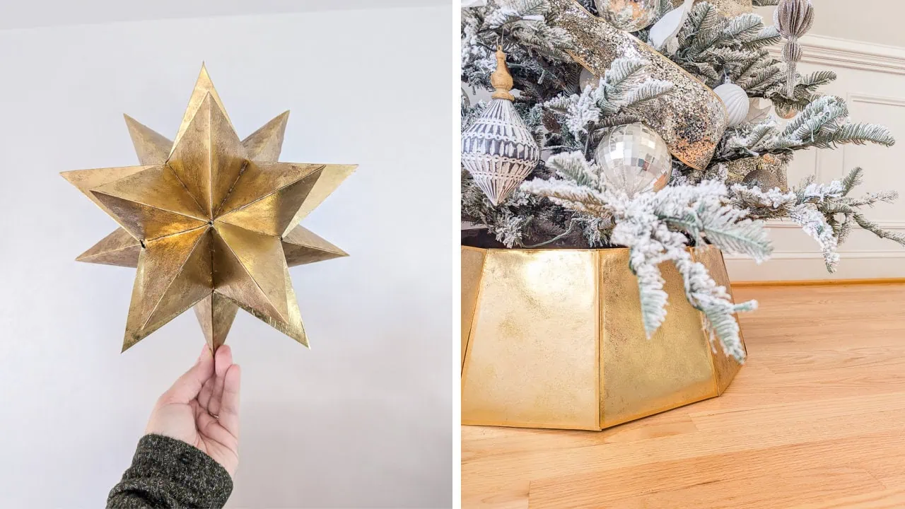 DIY gold 3D star next to gold Christmas tree collar.
