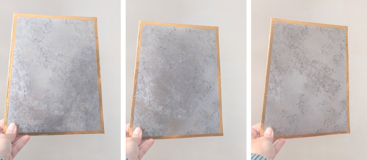 holding up painted antique mirror finish in different lights.