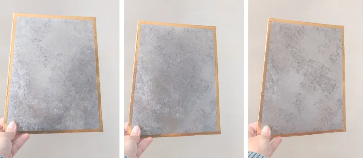holding up painted antique mirror finish in different lights.