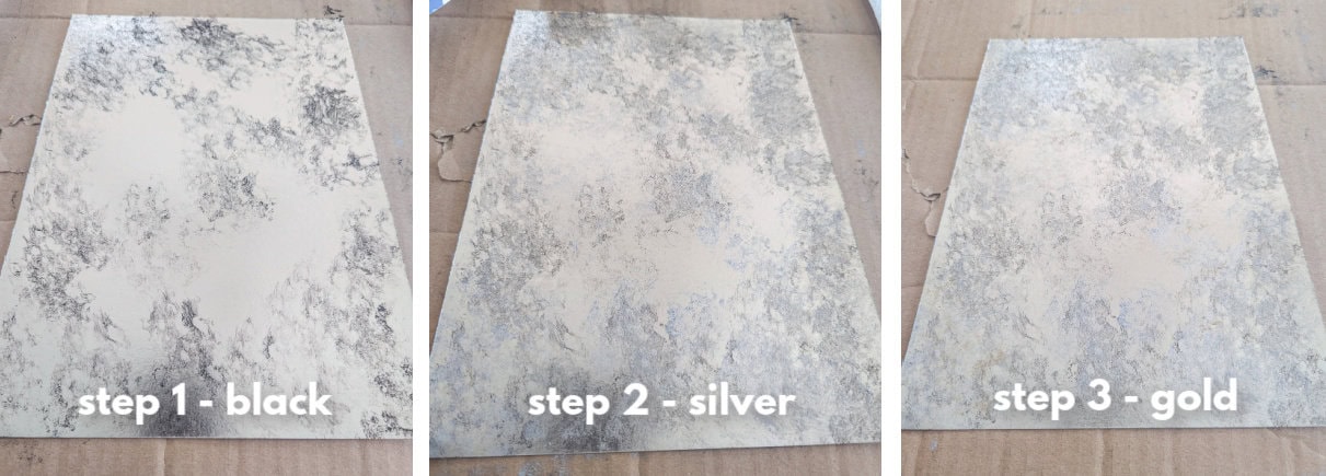 three steps of adding paint to silver foil for antique mirror finish.