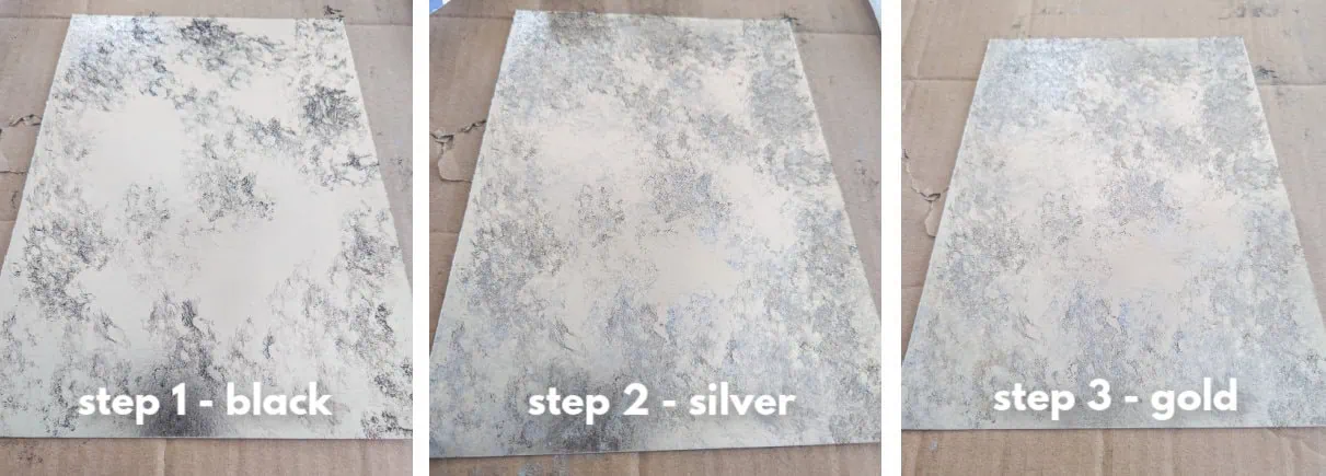 three steps of adding paint to silver foil for antique mirror finish.