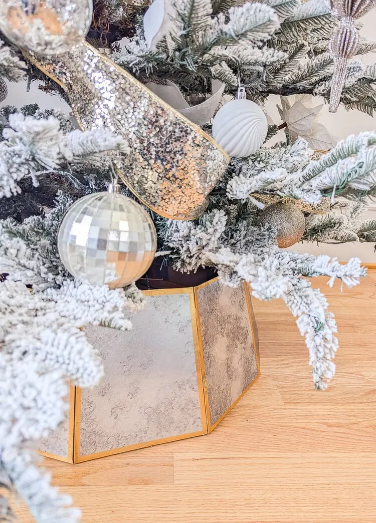 Christmas tree in DIY mirrored Christmas tree collar.