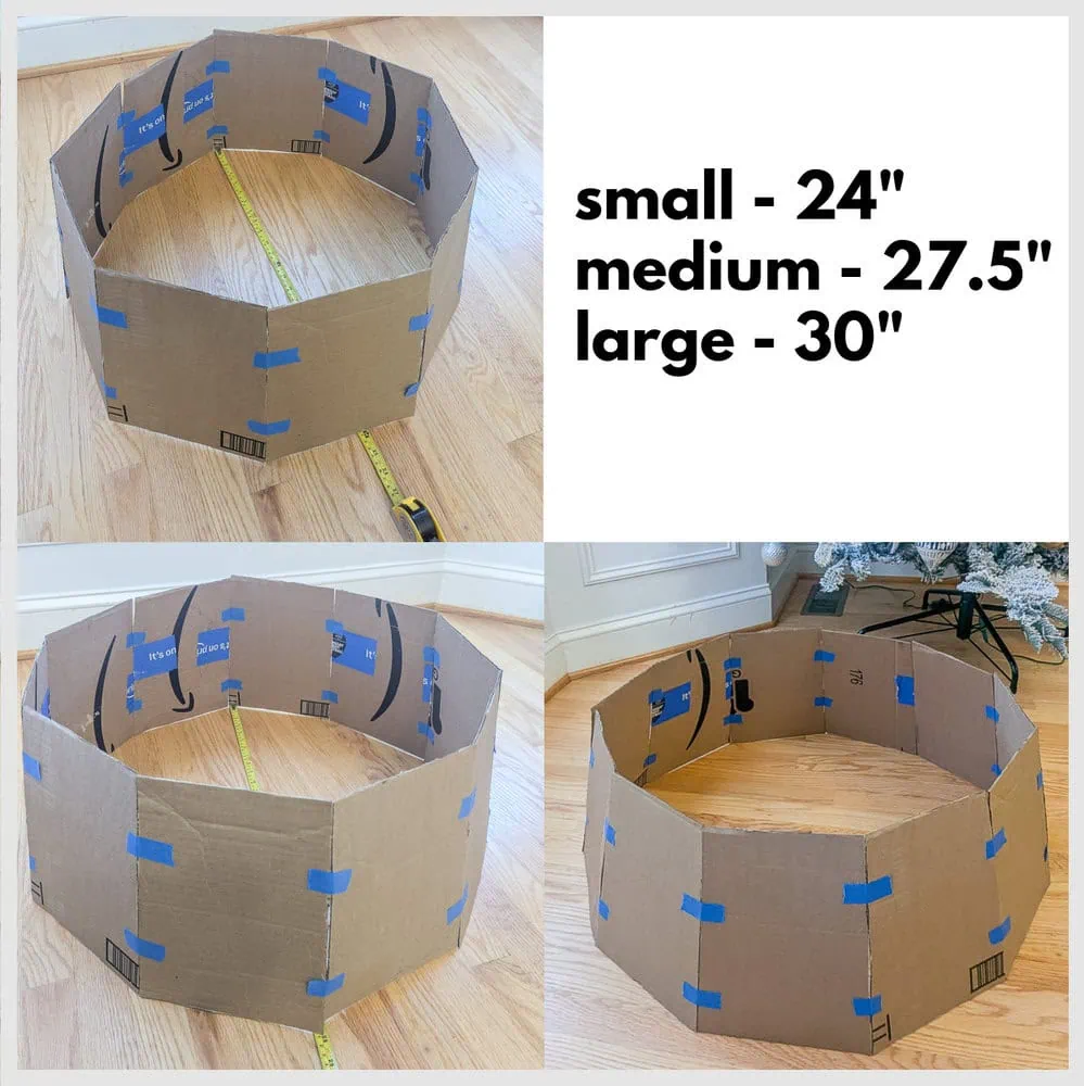 three different sizes of cardboard Christmas tree collars.