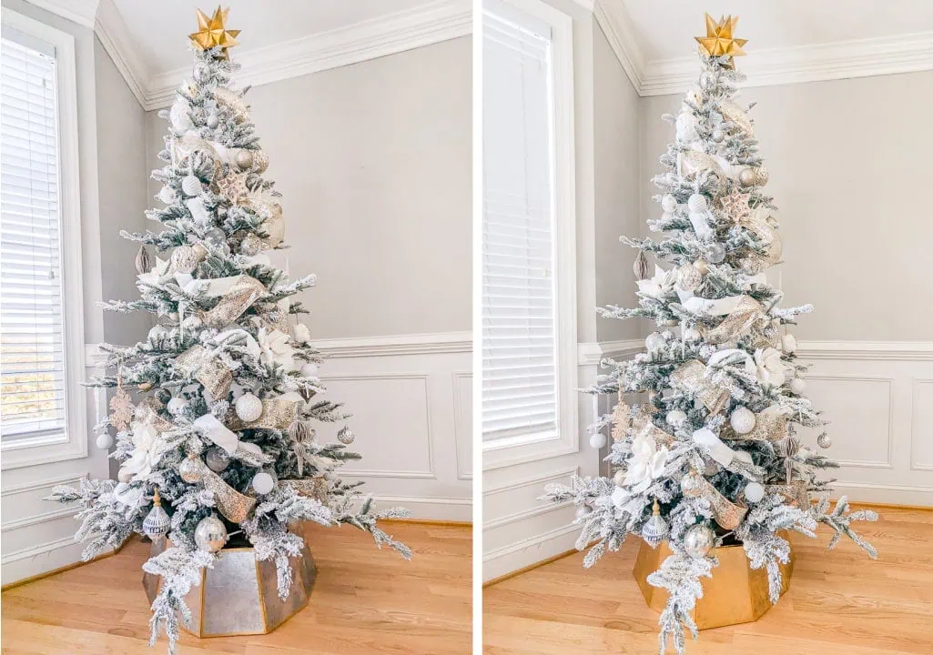 Christmas tree with silver tree collar next to Christmas tree with gold tree collar.