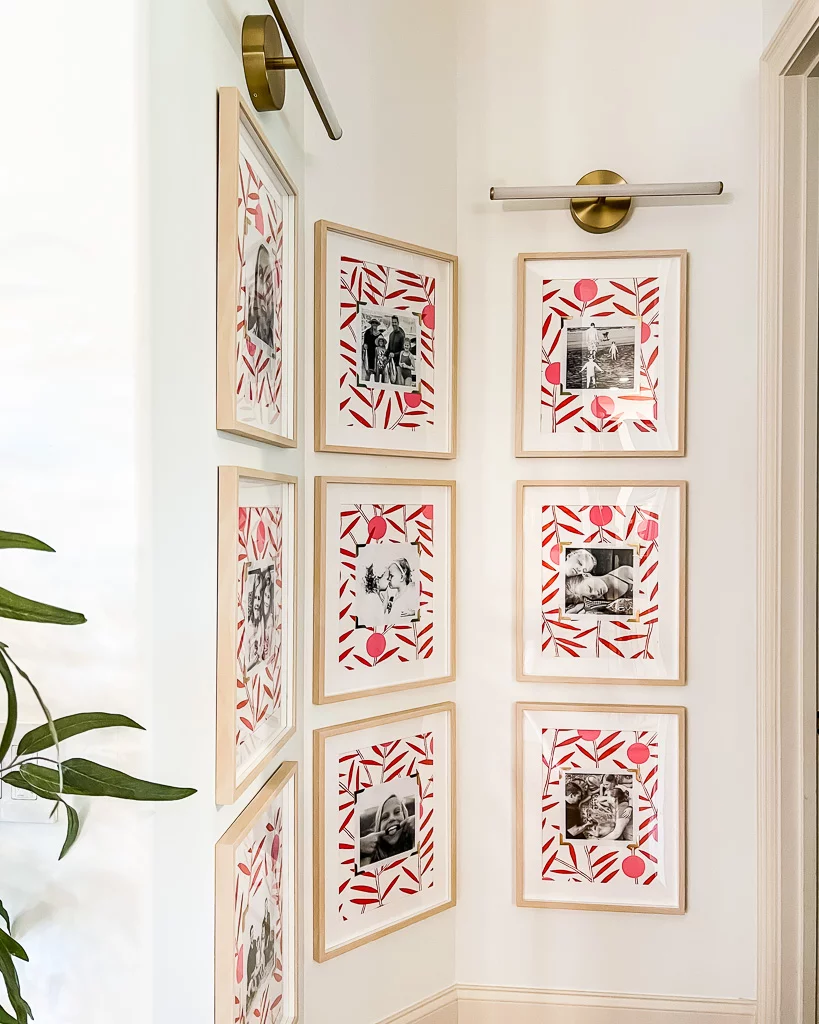 photo wall with wrapping paper framed art