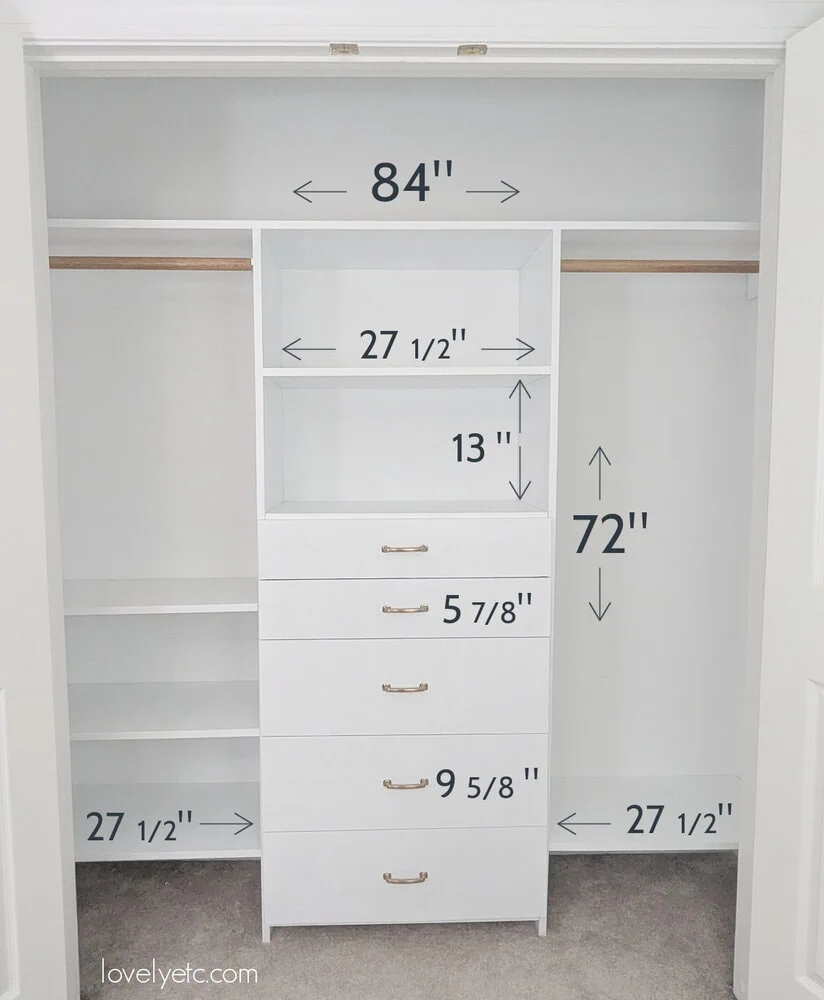 diy closet organizer diagram with dimensions marked.