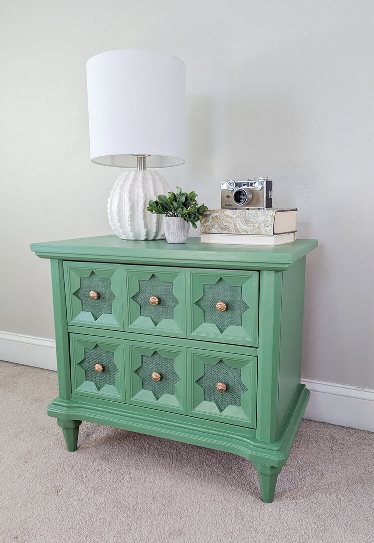 green painted nightstand painted with dixie belle kudzu.