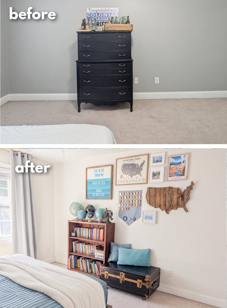before and after of gallery wall in boys travel bedroom.