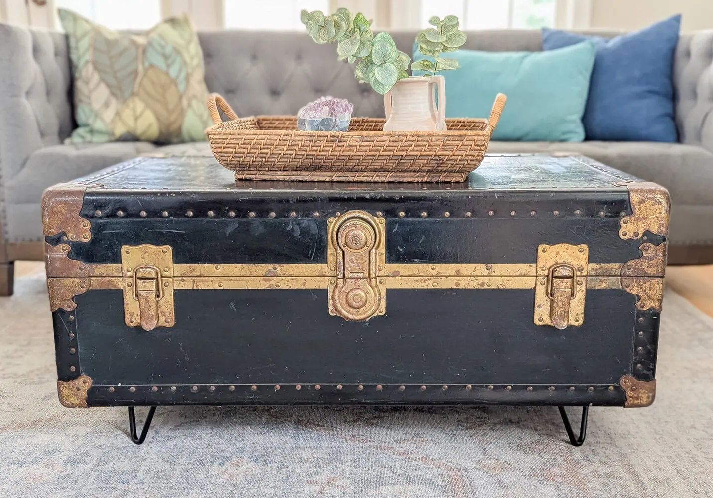 vintage foot locker coffee table with hairpin legs. 