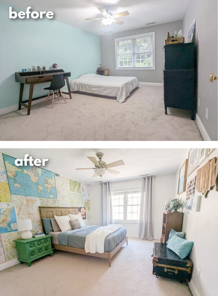 before and after of boys travel themed bedroom.