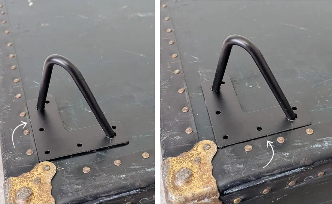 two possible positions of hairpin legs on bottom of foot locker.