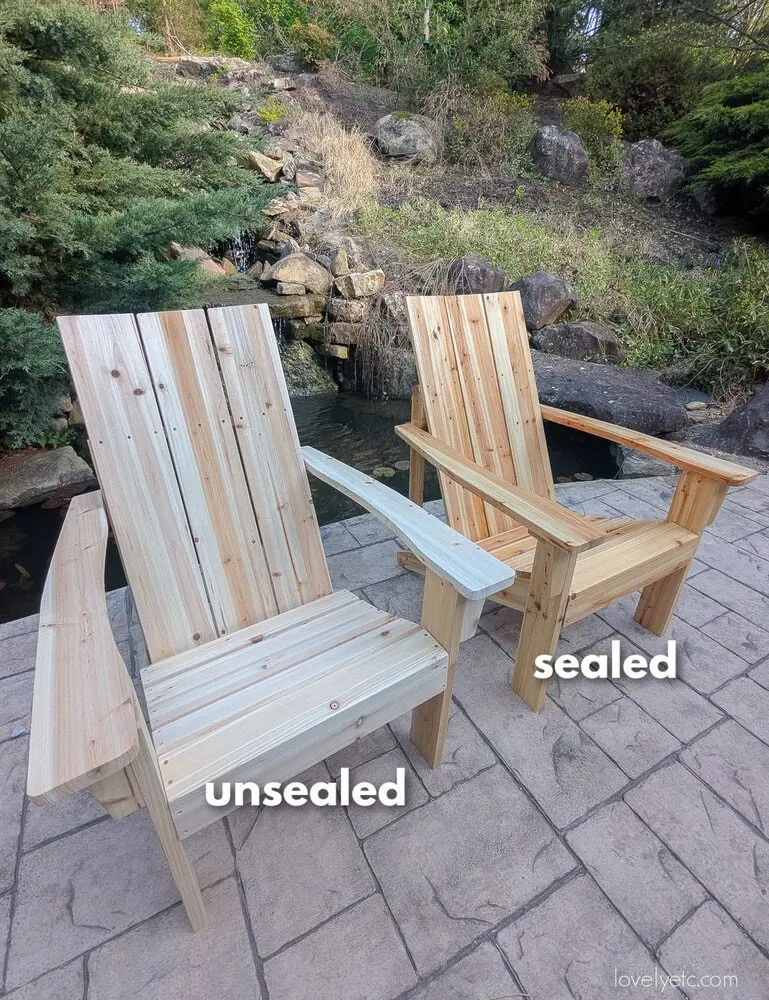 cedar adirondack chairs before and after sealing with oil.