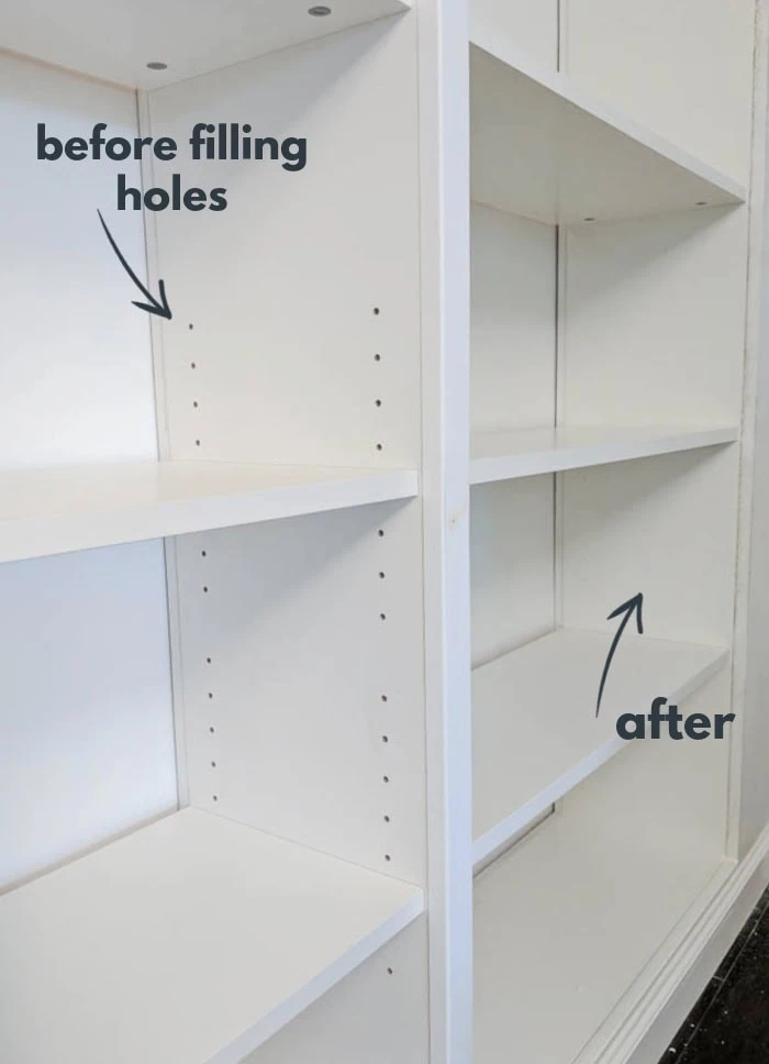 IKEA bookshelves before and after spackling is used to fill in the extra shelf pin holes.