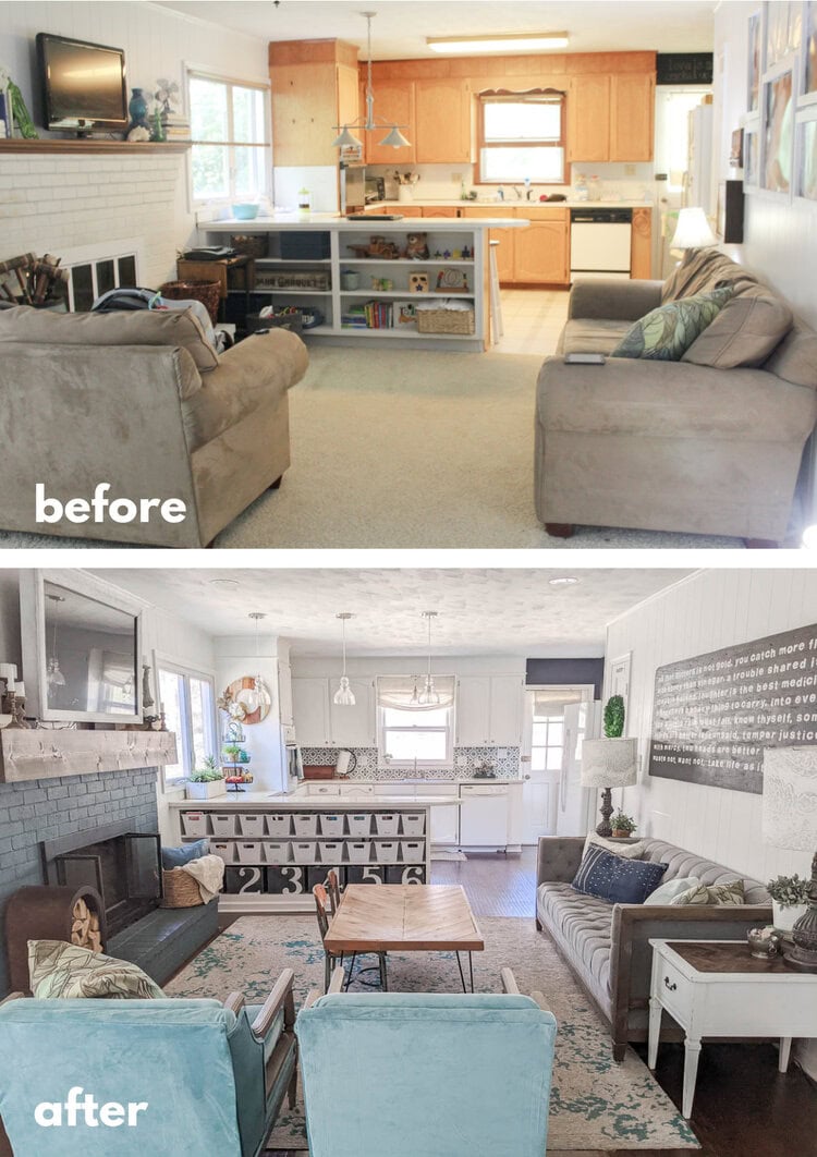living room and kitchen before and after diy makeover.