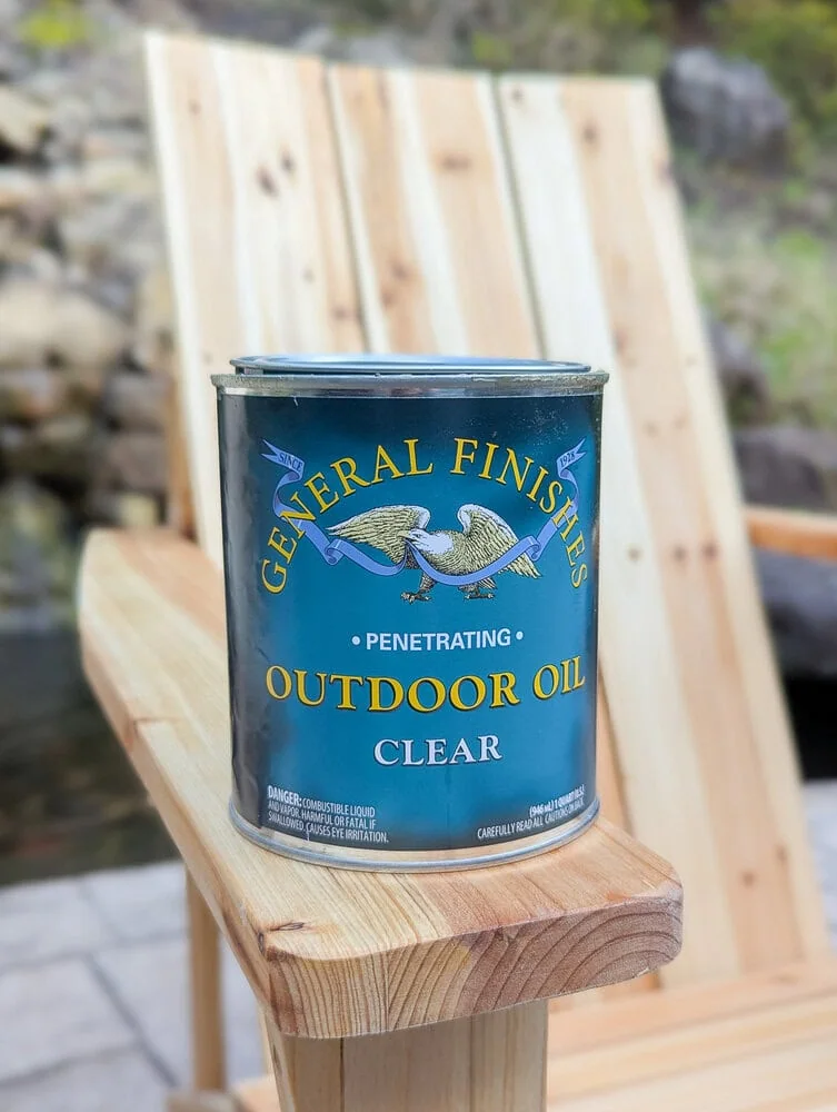 General Finishes outdoor oil on the arm of an Adirondack chair.