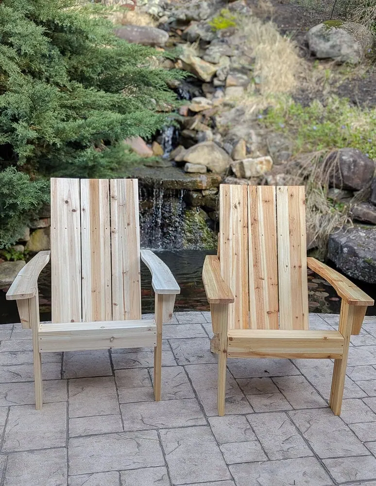 cedar adirondack chairs before and after sealing with oil.