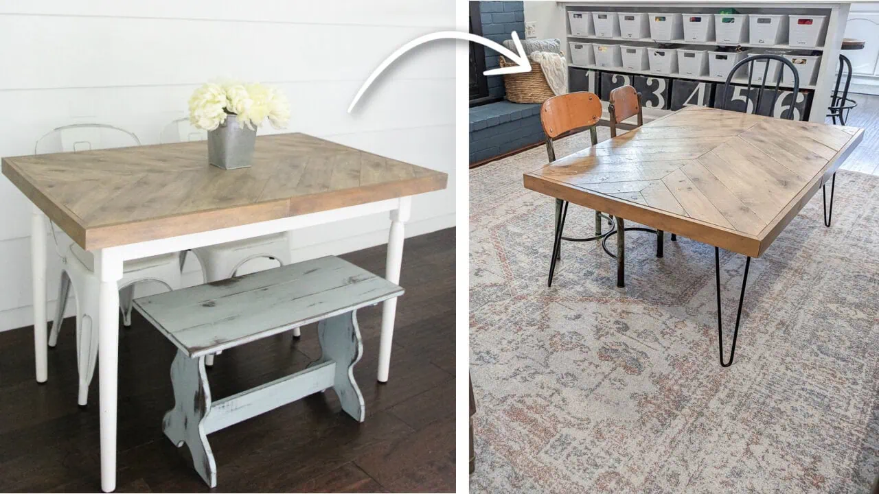 kitchen table turned into a coffee table.