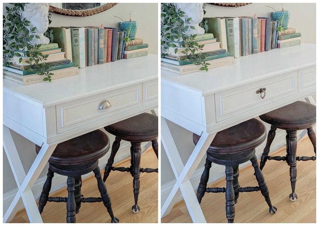 before and after of desk with original bin pulls and new vintage style hardware.