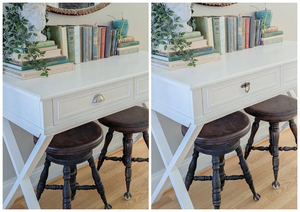 before and after of desk with original bin pulls and new vintage style hardware.