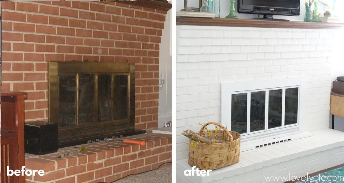 red brick fireplace with brass door and white fireplace with white doors after paint.