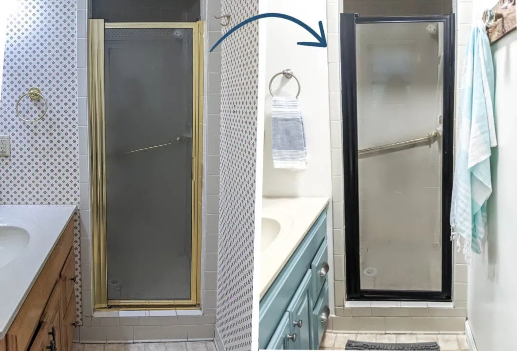 painted shower door frame before and after.