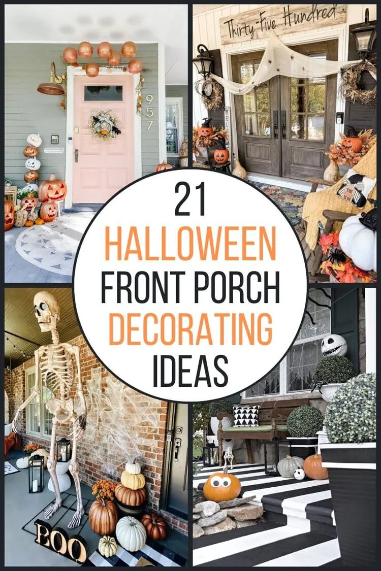 4 image collage 21 Halloween front porch decor ideas