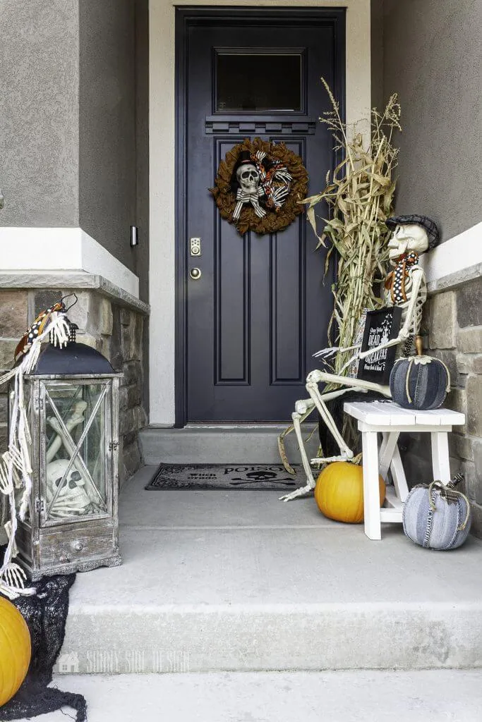 Halloween skeleton decor on porch