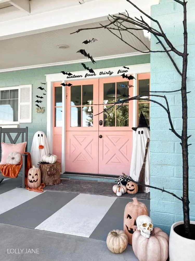 halloween porch with ghosts and bats