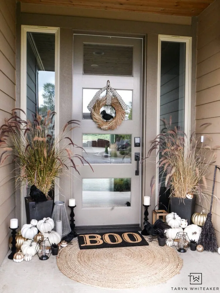 black and white Halloween porch