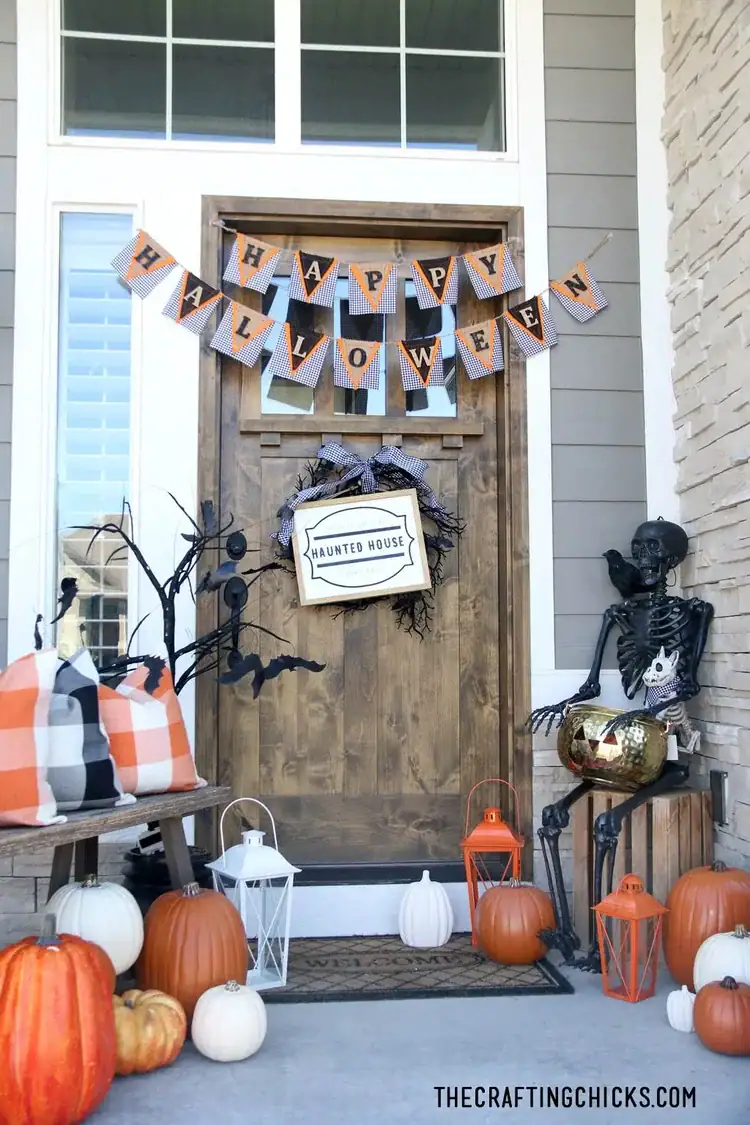 black white and orange Halloween porch