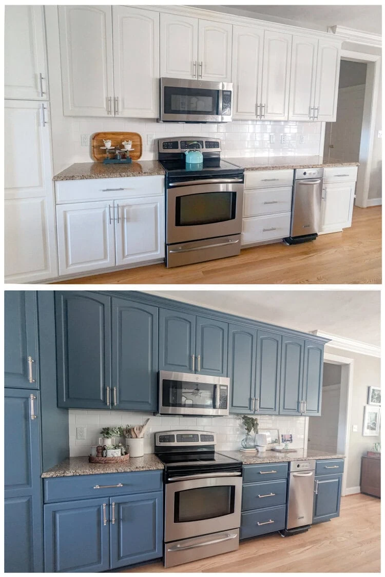 before and after of white kitchen cabinets painted dark blue.